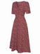 Wine Red 1940s V-Neck Ditsy Floral Dress