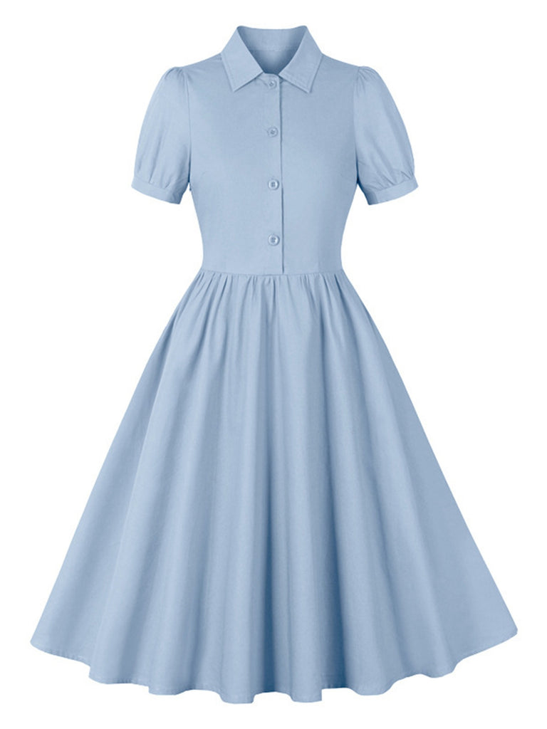 1950s Solid Lapel Buttons Swing Dress