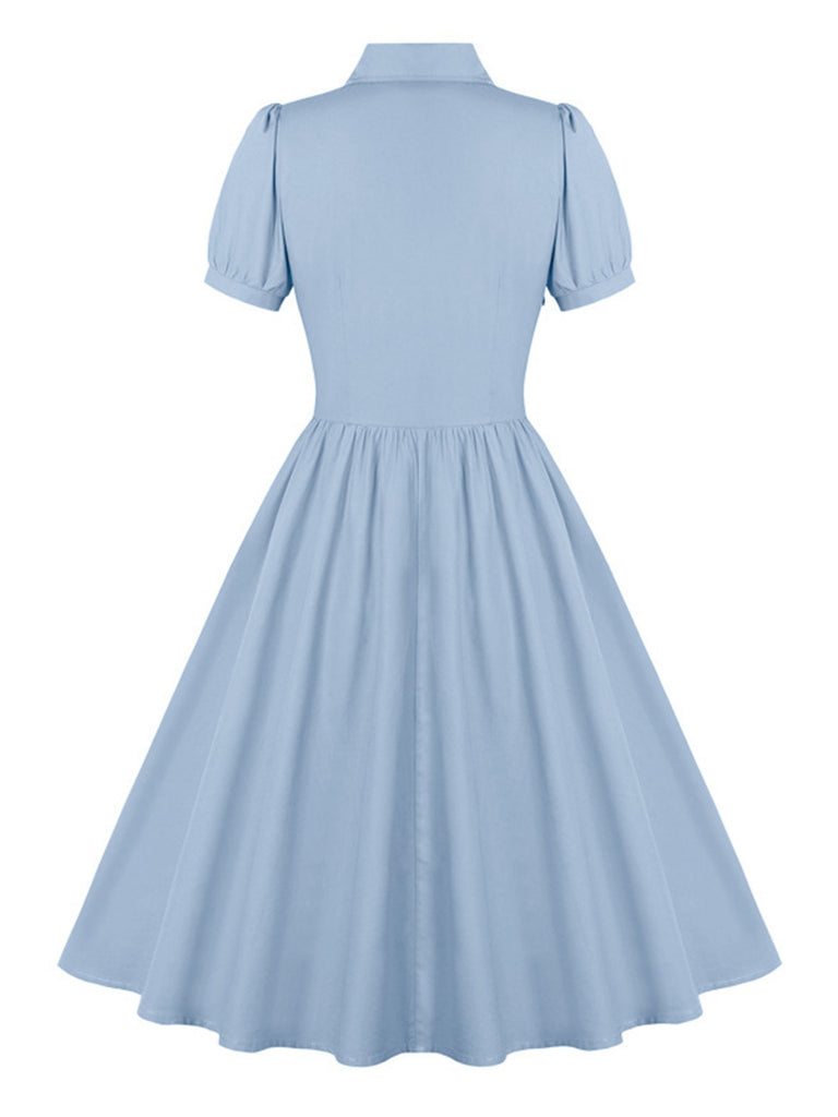 1950s Solid Lapel Buttons Swing Dress