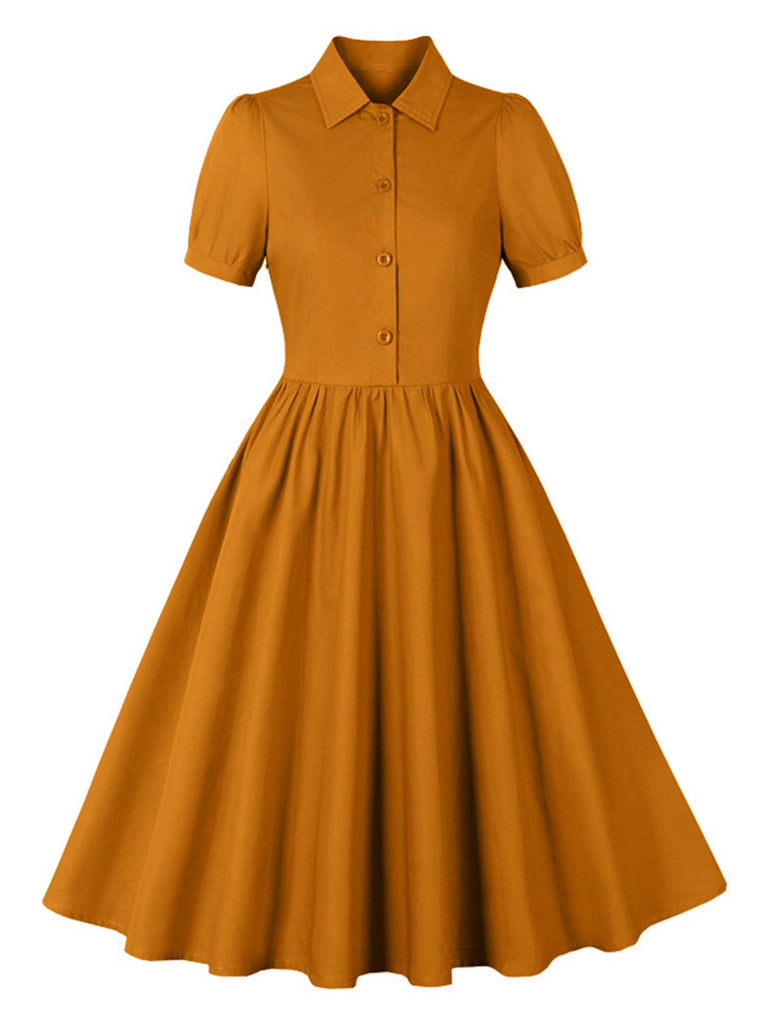 1950s Solid Lapel Buttons Swing Dress