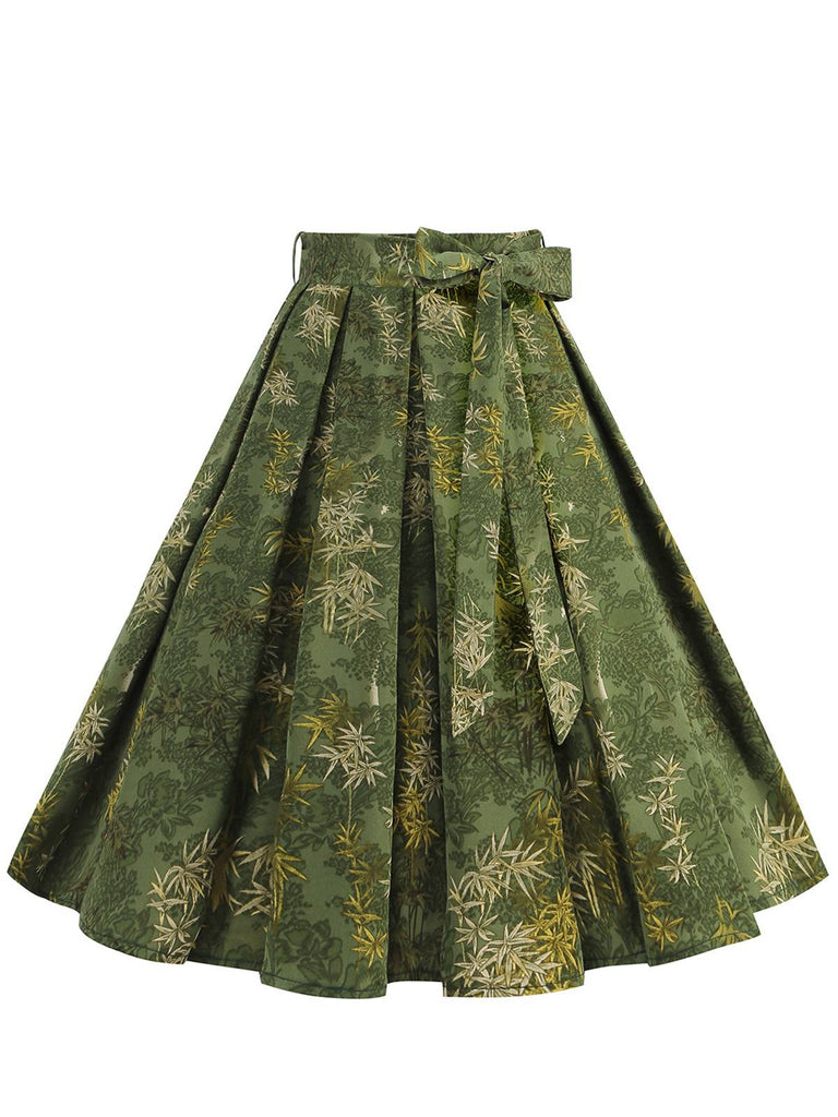 Green 1950s Floral Swing Belted Skirt