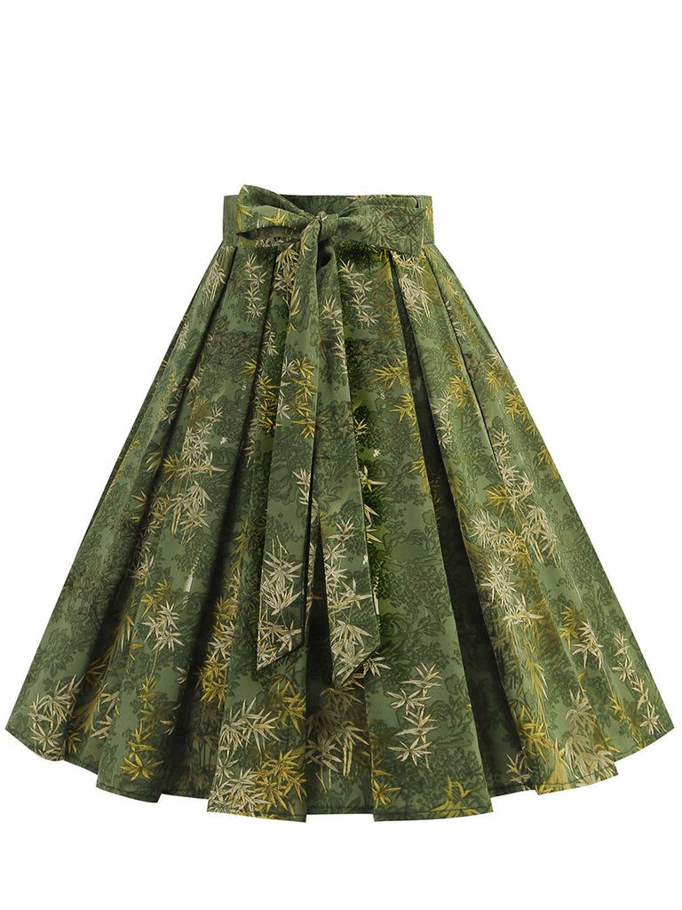 Green 1950s Floral Swing Belted Skirt