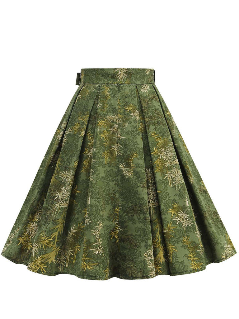 Green 1950s Floral Swing Belted Skirt