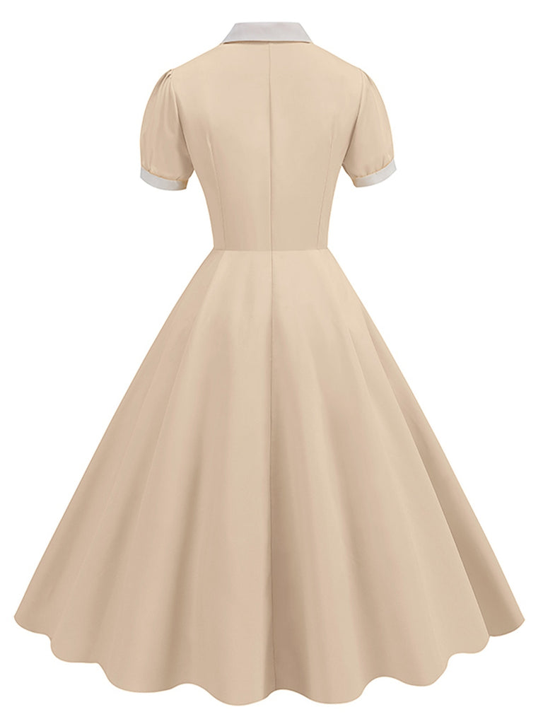 1950s Contrast Short Sleeve Lapel Dress