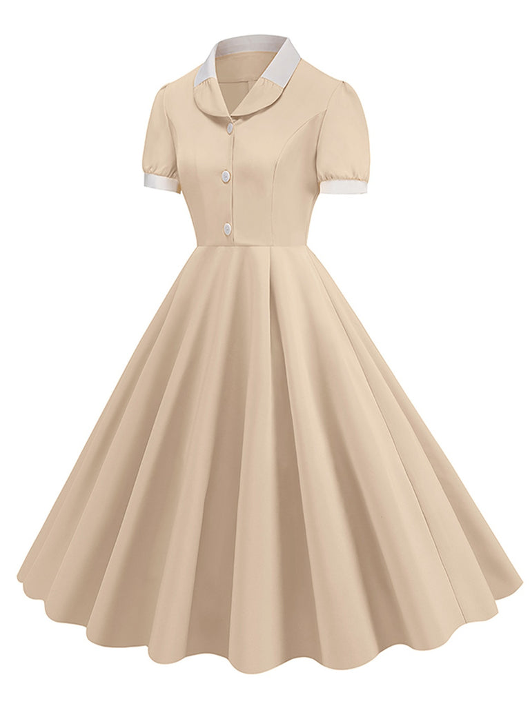 1950s Contrast Short Sleeve Lapel Dress