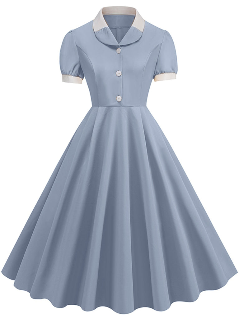 1950s Contrast Short Sleeve Lapel Dress