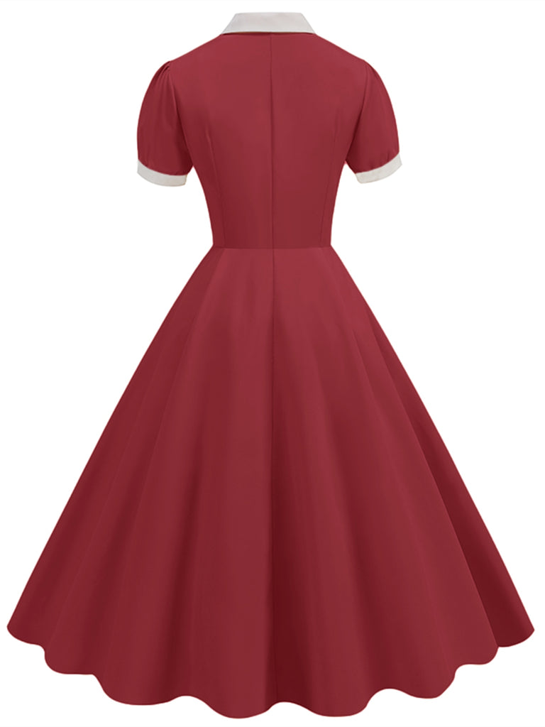 1950s Contrast Short Sleeve Lapel Dress