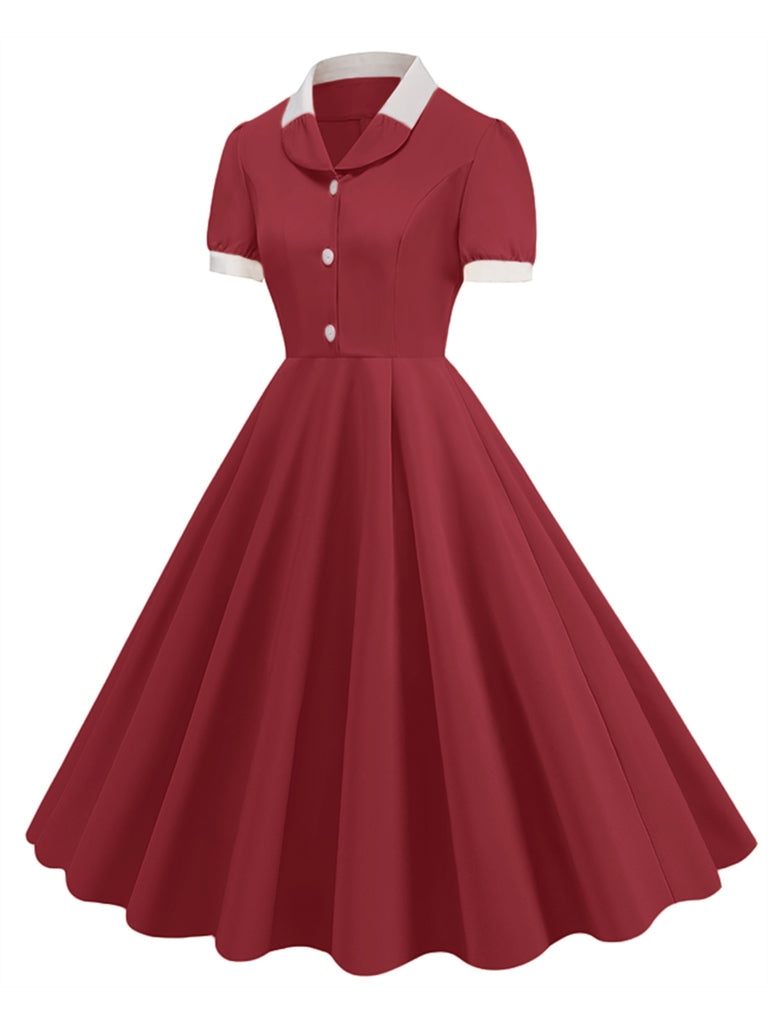 1950s Contrast Short Sleeve Lapel Dress