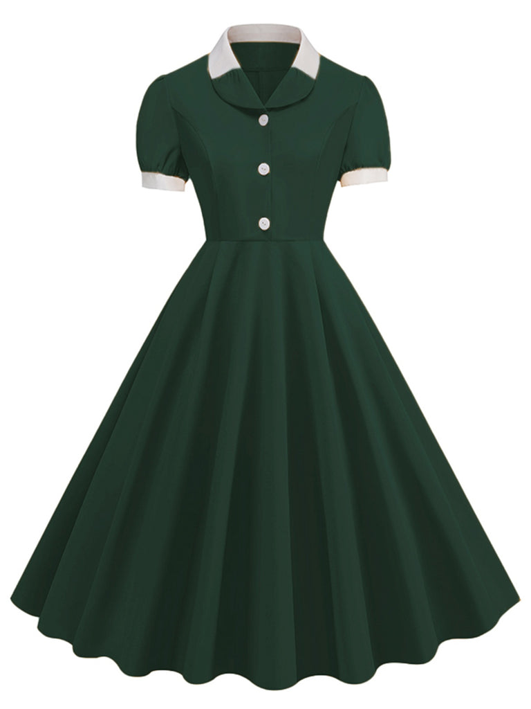 1950s Contrast Short Sleeve Lapel Dress