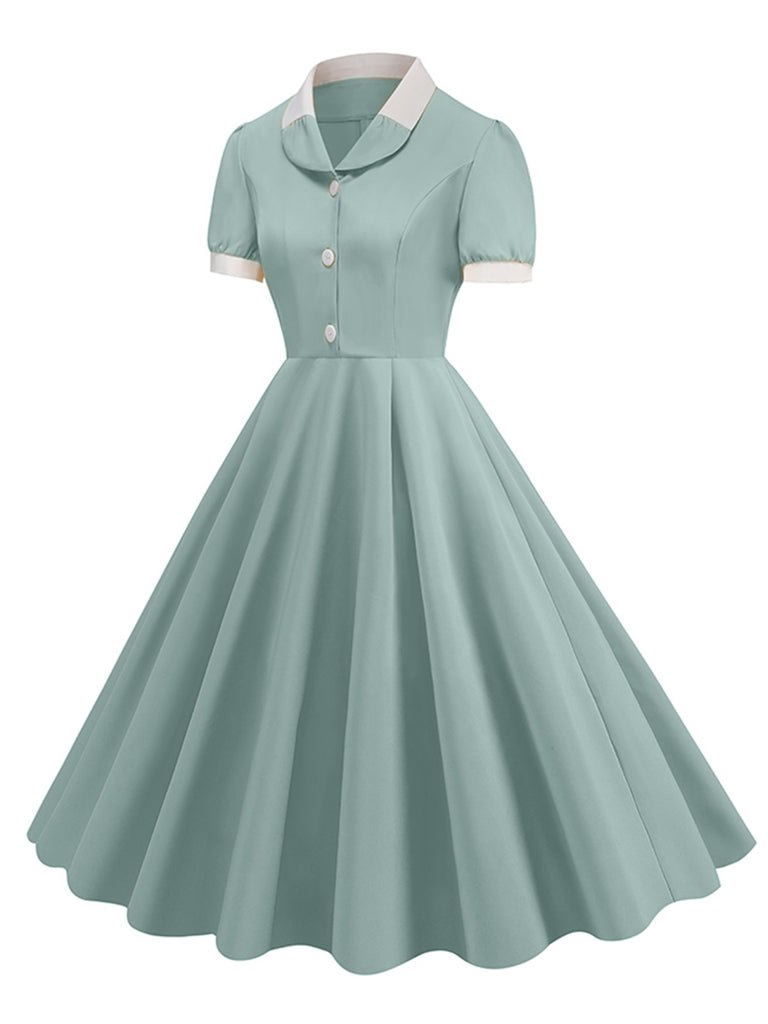 1950s Contrast Short Sleeve Lapel Dress