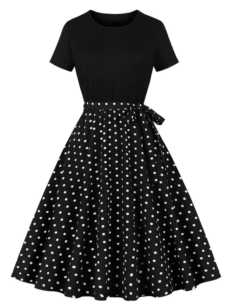 Black 1950s Crew Neck Patchwork Swing Dress