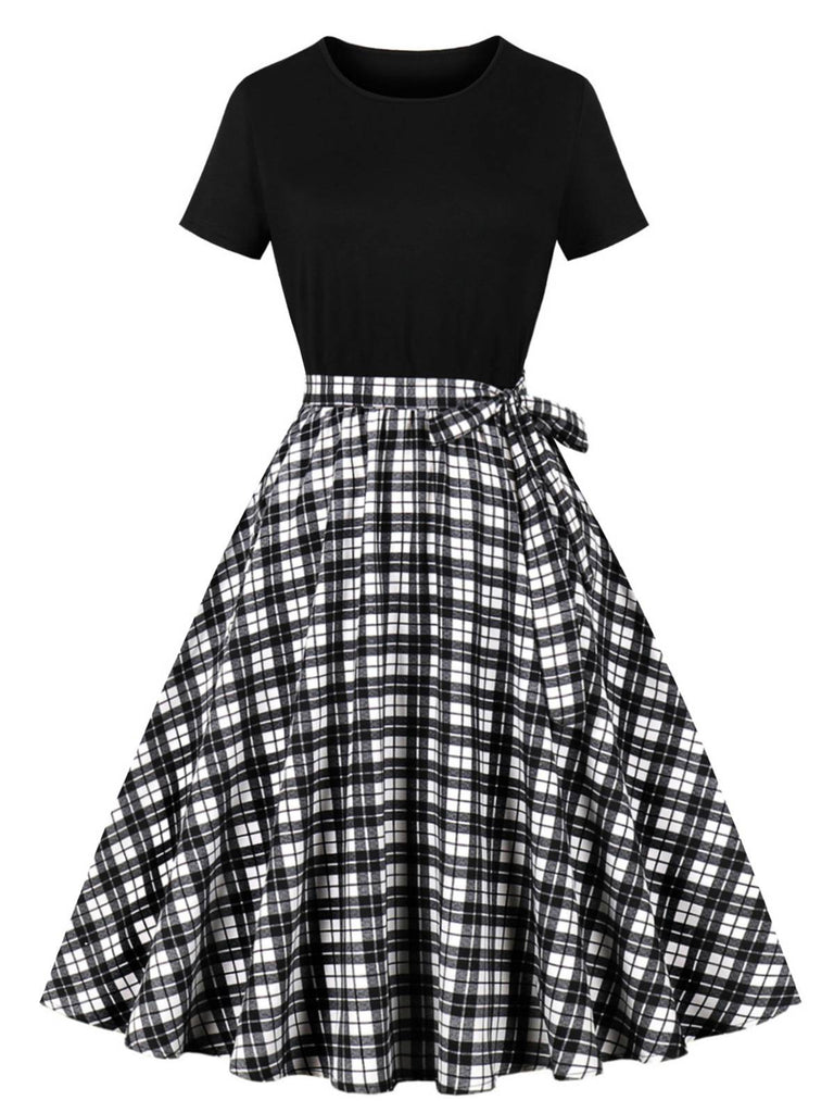 Black 1950s Crew Neck Patchwork Swing Dress