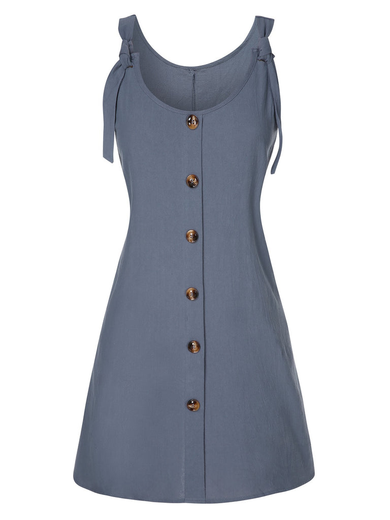 Grey 1970s Solid Buttoned Straps Dress