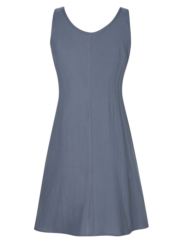 Grey 1970s Solid Buttoned Straps Dress