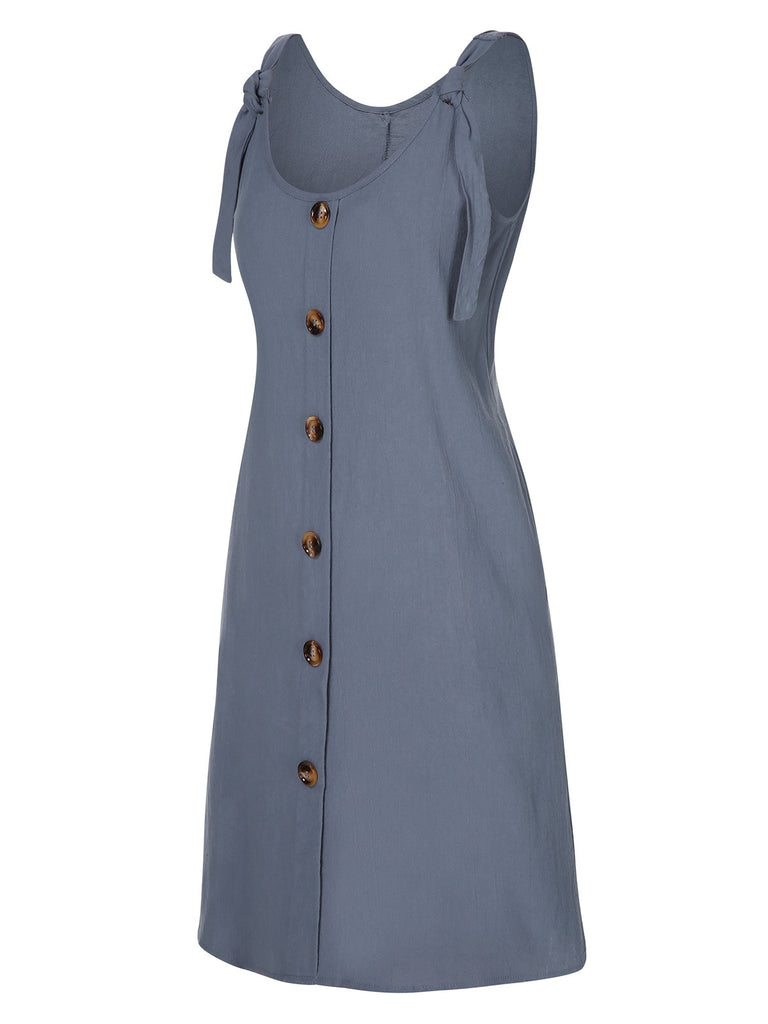 Grey 1970s Solid Buttoned Straps Dress