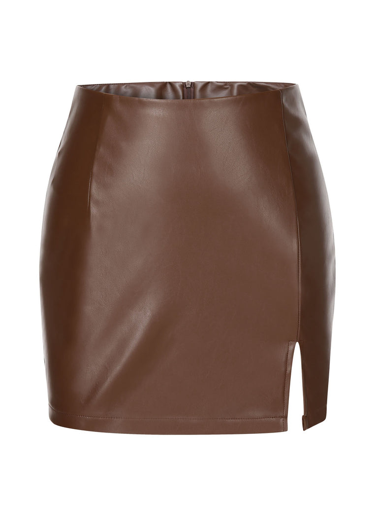 Brown 1950s Solid Faux Leather Pencil Skirt