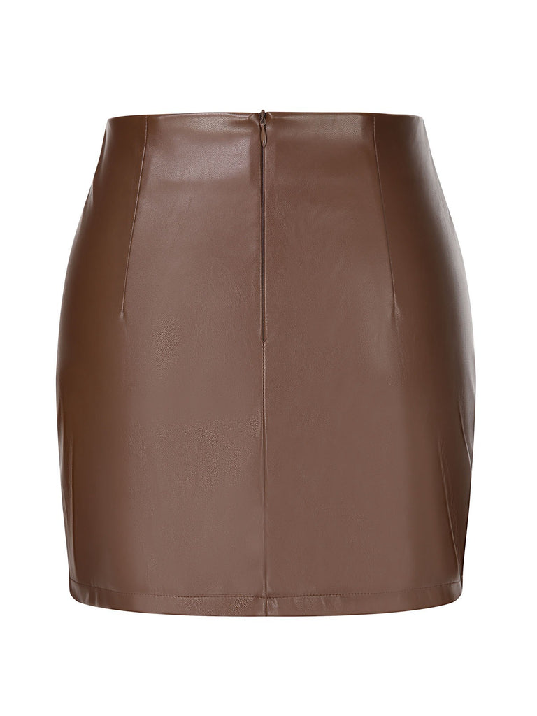 Brown 1950s Solid Faux Leather Pencil Skirt