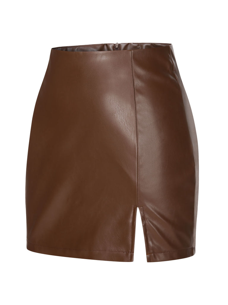 Brown 1950s Solid Faux Leather Pencil Skirt