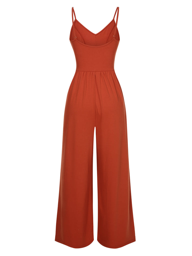 Orange 1950s Solid Button Suspender Jumpsuit