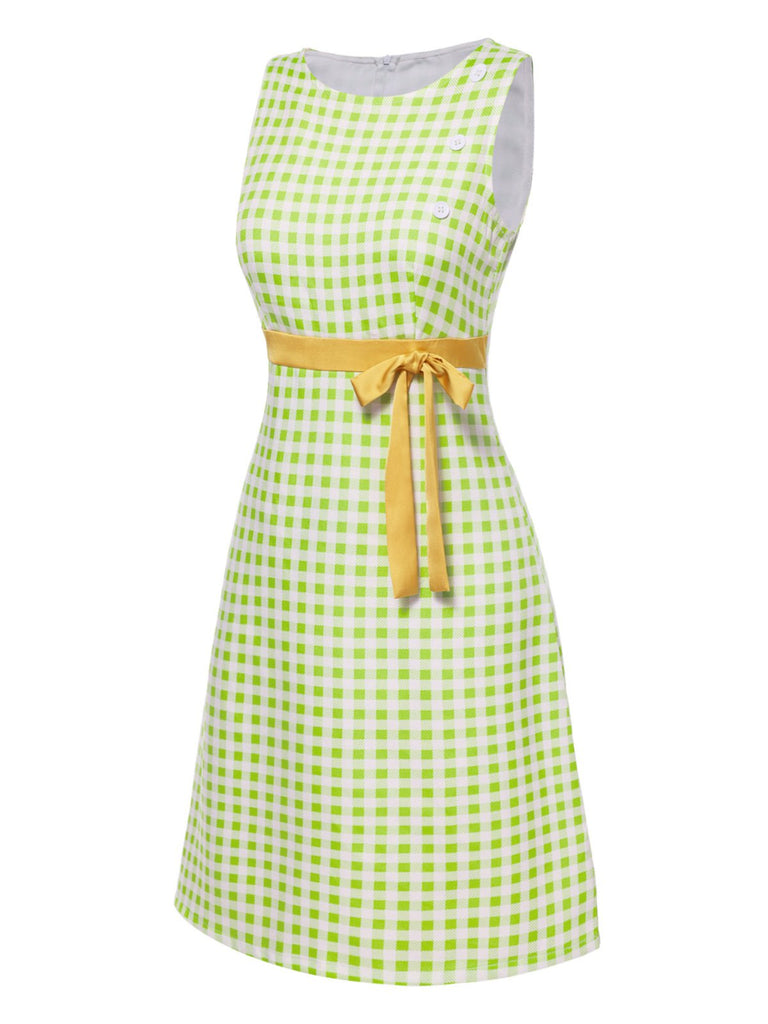 Green 1960s Waist Tie Gingham Mod Dress