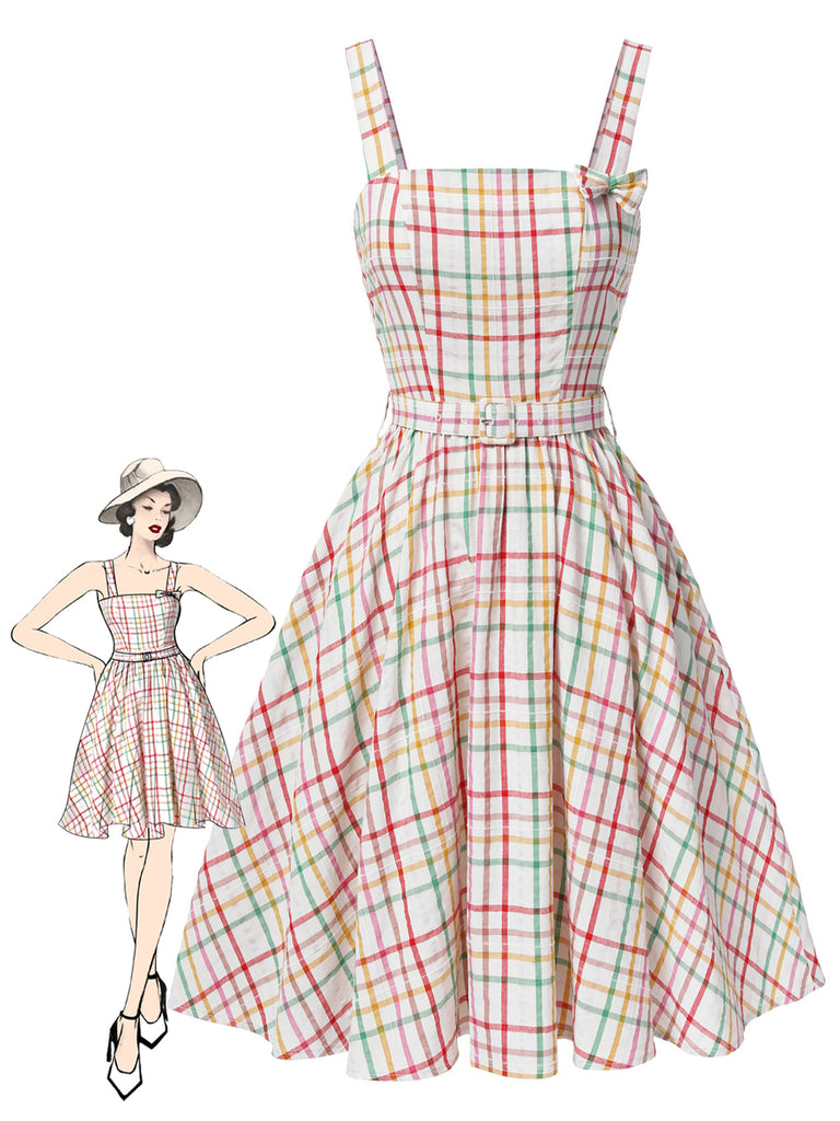 Colorful 1950s Wide Strap Bow Plaid Dress