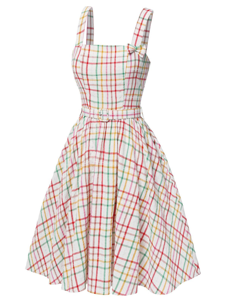 Colorful 1950s Wide Strap Bow Plaid Dress