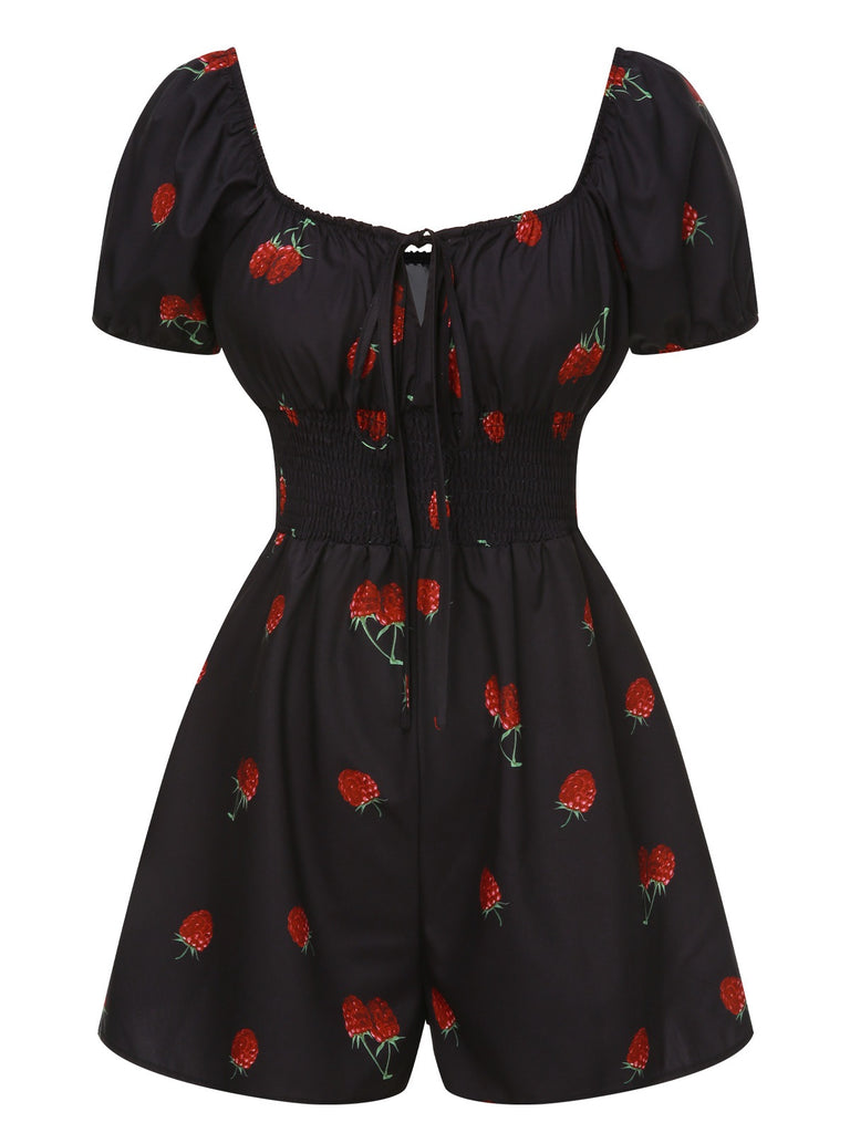 Black 1950s Raspberry Puff Sleeves Romper