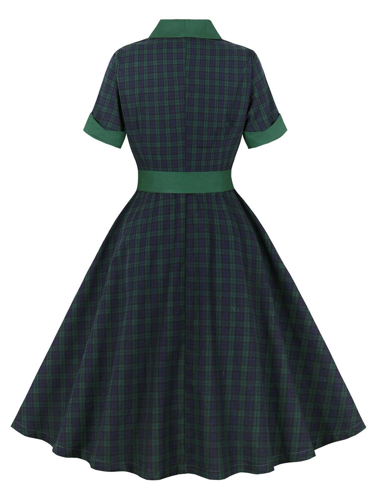 Green 1950s Blackwatch Tartan Lapel Dress