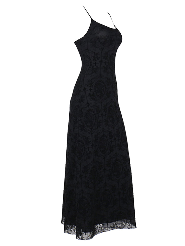 1970s Spaghetti Strap Gothic Black Lace Maxi Dress