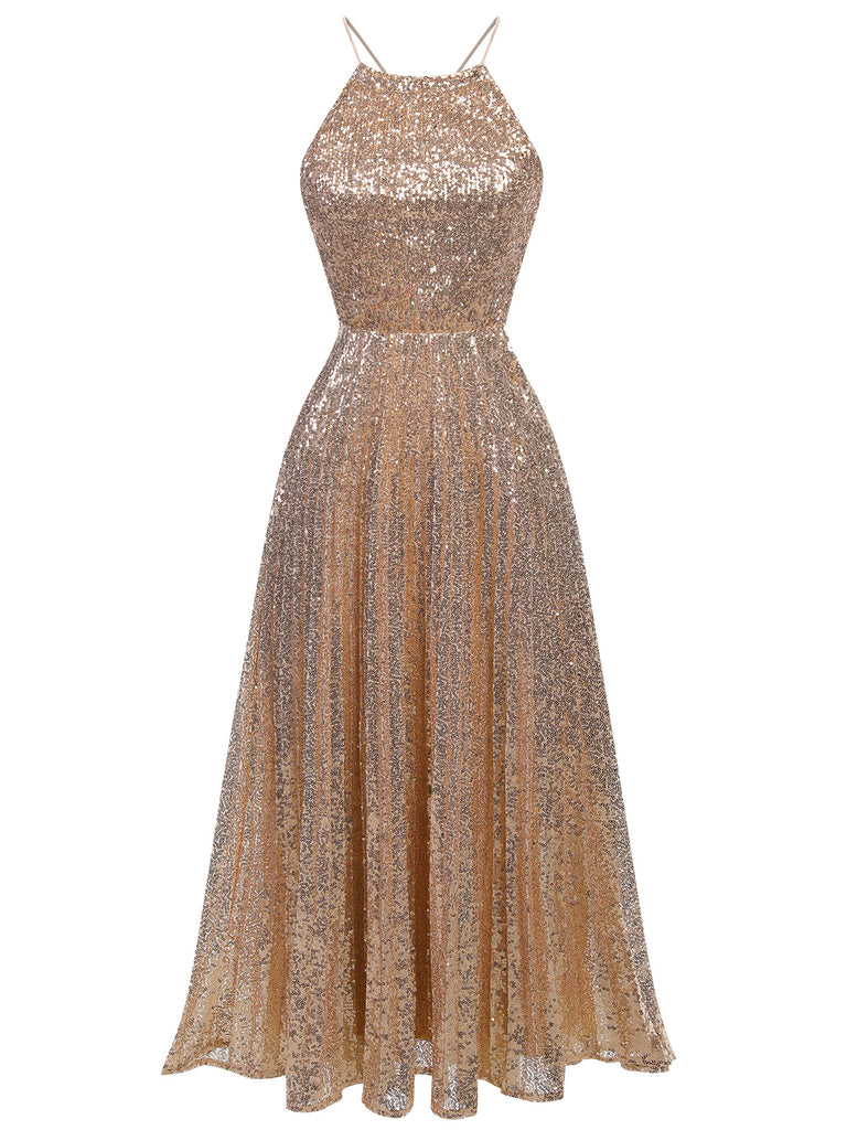 1920s Sequined Backless Halter Dress