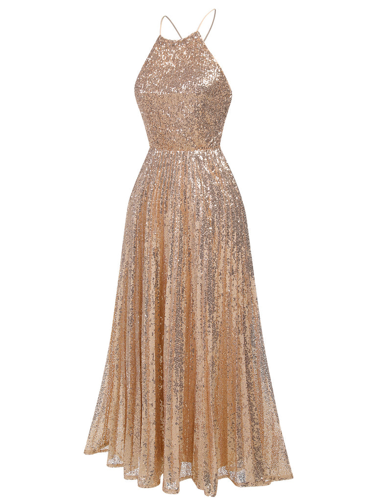 1920s Sequined Backless Halter Dress