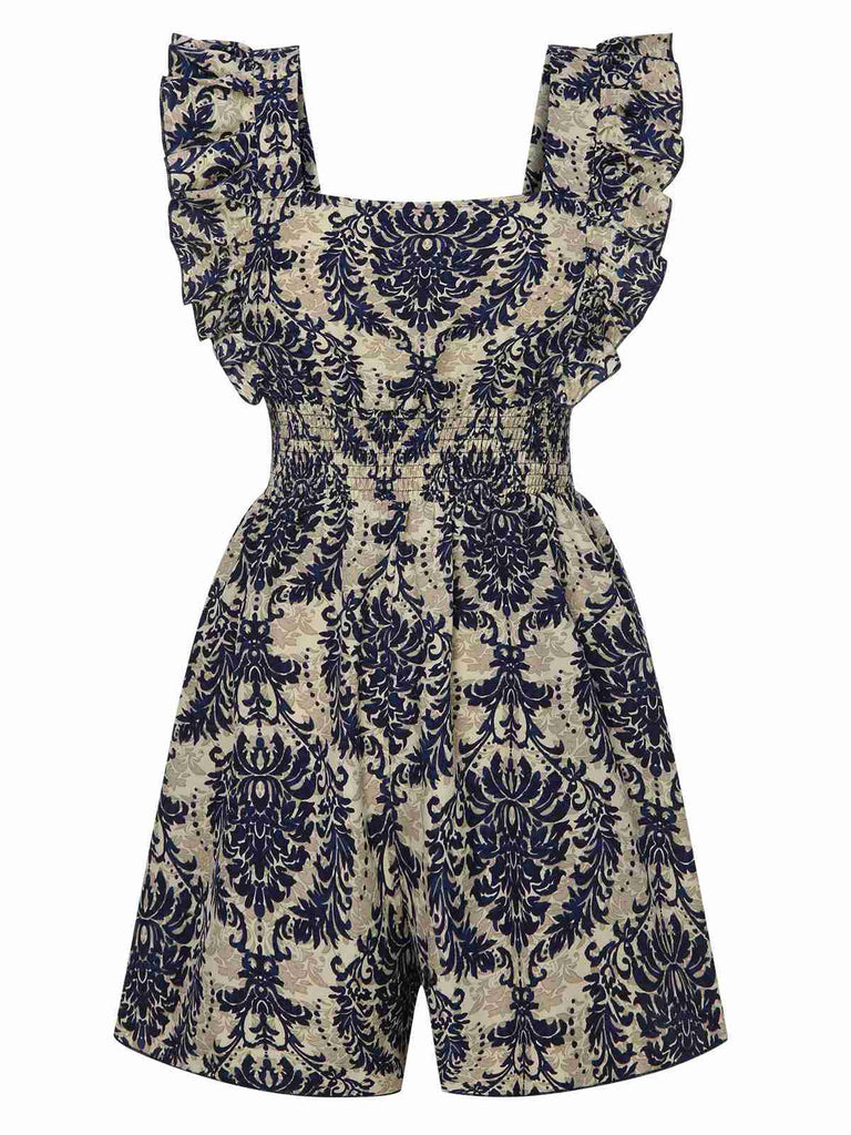 1960s Baroque Prints Square Neck Ruffles Romper