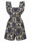 1970s Baroque Prints Square Neck Ruffles Romper