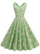 Green 1950s Daisy V-Neck Swing Dress