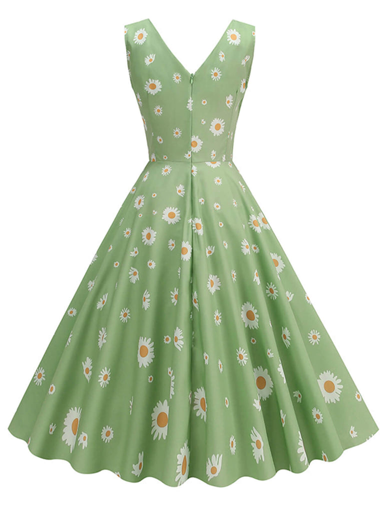 Green 1950s Daisy V-Neck Swing Dress