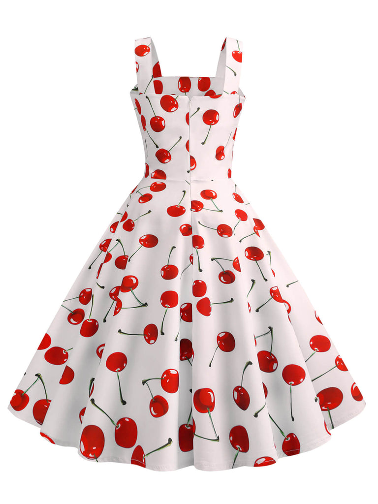 White 1950s Cherry Wide Straps Dress