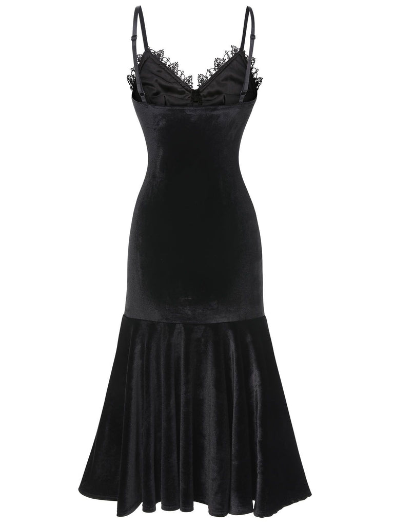 Black 1930s Spaghetti Strap Cross Lace Dress