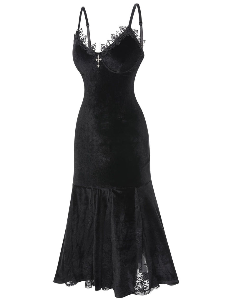 Black 1930s Spaghetti Strap Cross Lace Dress