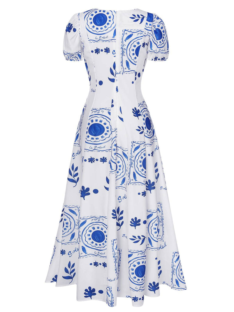 Blue & White 1930s Plants Puff Deep V-Neck Dress