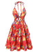 Red 1950s Hollow Out Ruffles Halter Dress