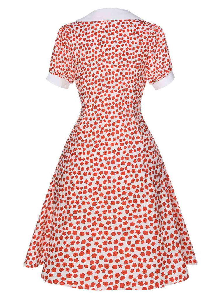 Red 1950s Ditsy Floral Lapel Dress