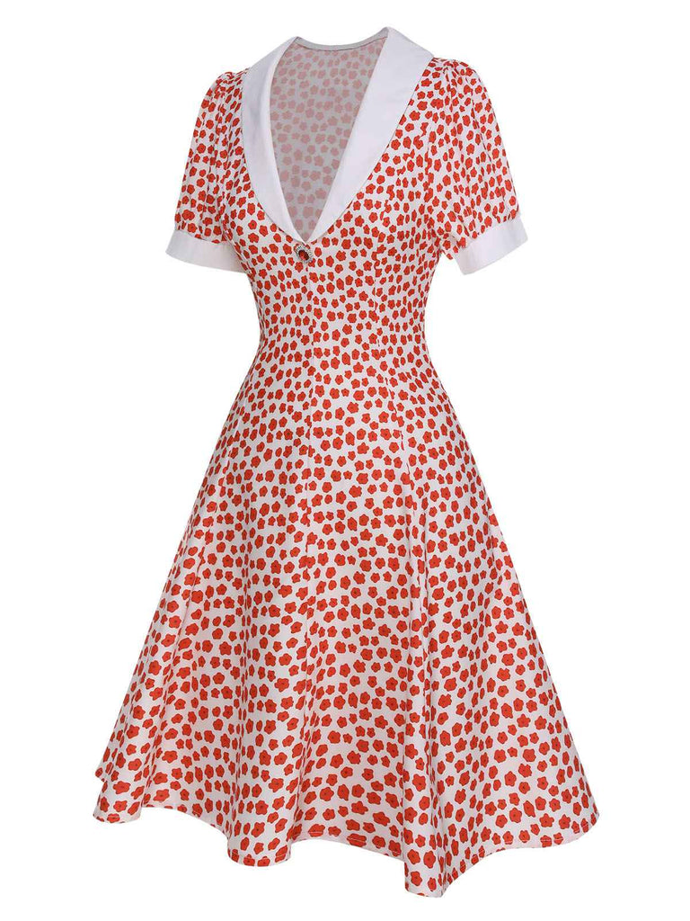 Red 1950s Ditsy Floral Lapel Dress