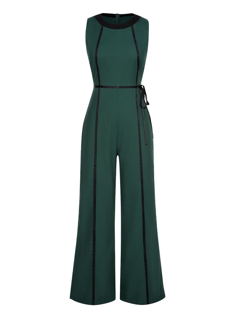 Green 1930s Linear Patchwork Lace-Up Jumpsuit