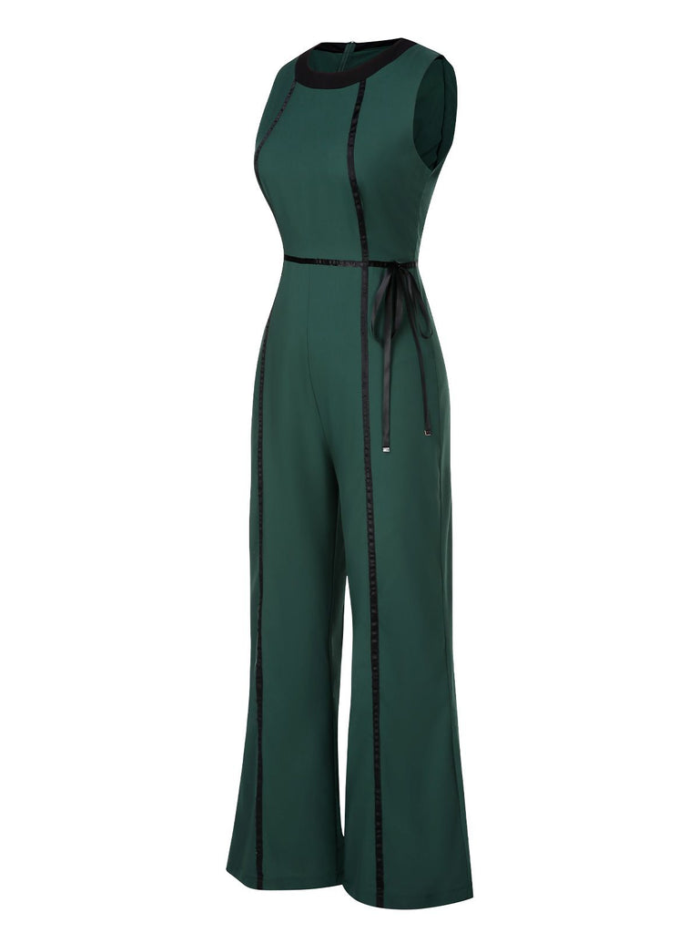 Green 1930s Linear Patchwork Lace-Up Jumpsuit