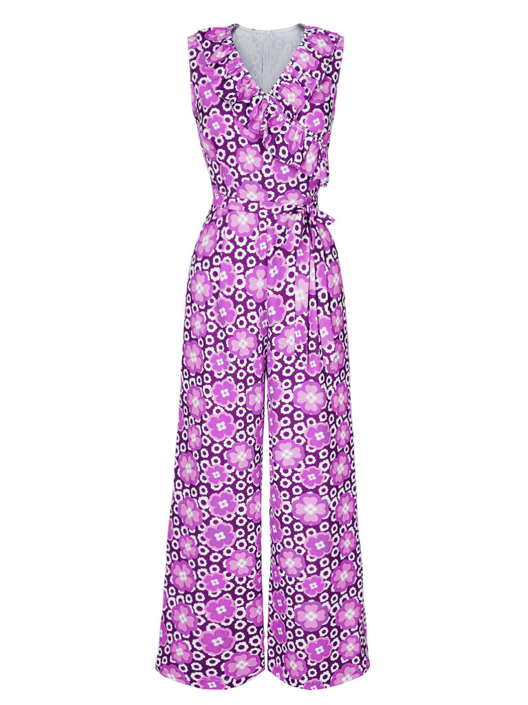 1970s V-Neck Floral Belted Sleeveless Jumpsuit