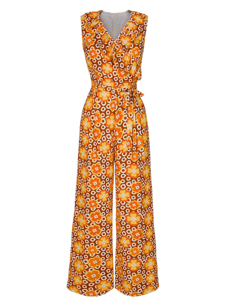 [Pre-Sale] 1970s V-Neck Floral Belted Sleeveless Jumpsuit