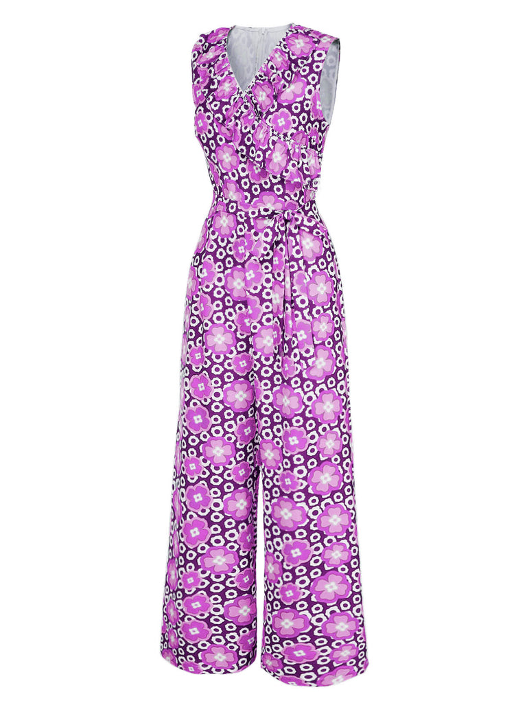 [Pre-Sale] 1970s V-Neck Floral Belted Sleeveless Jumpsuit