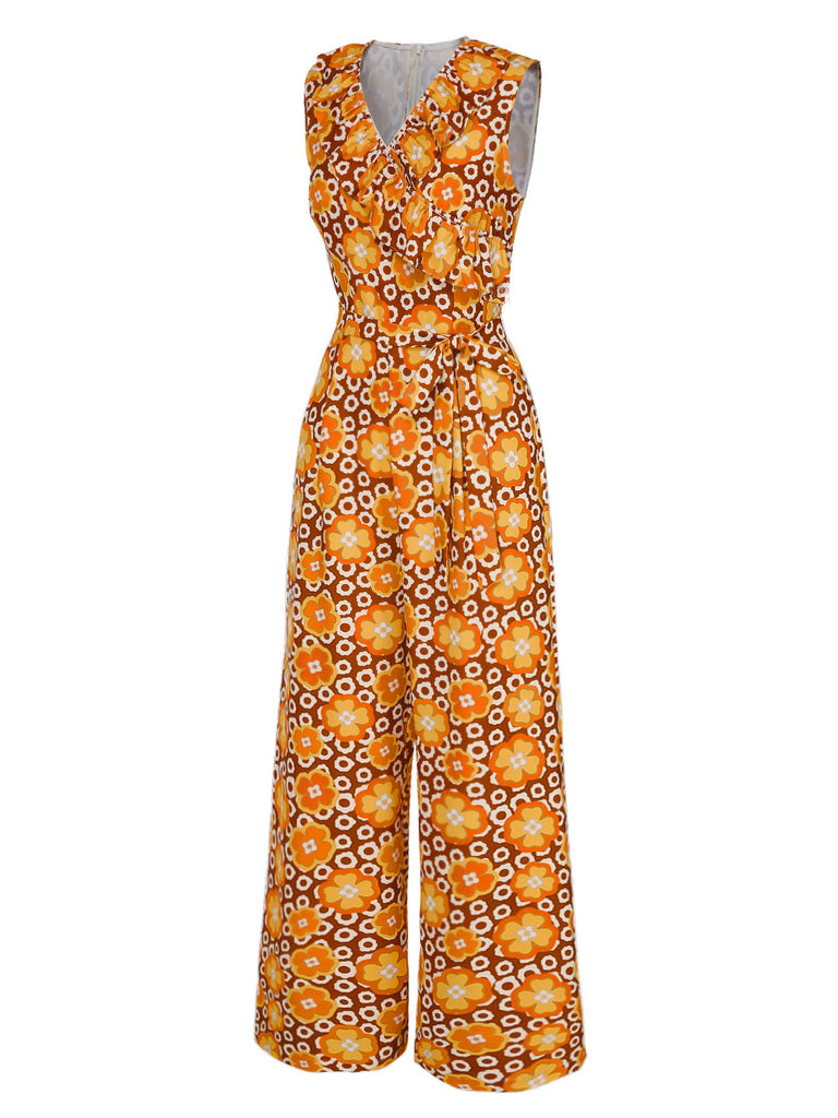 [Pre-Sale] 1970s V-Neck Floral Belted Sleeveless Jumpsuit