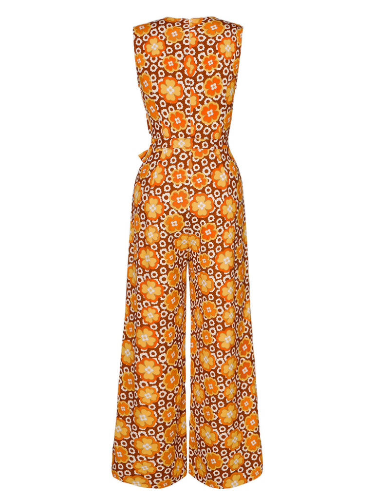 [Pre-Sale] 1970s V-Neck Floral Belted Sleeveless Jumpsuit