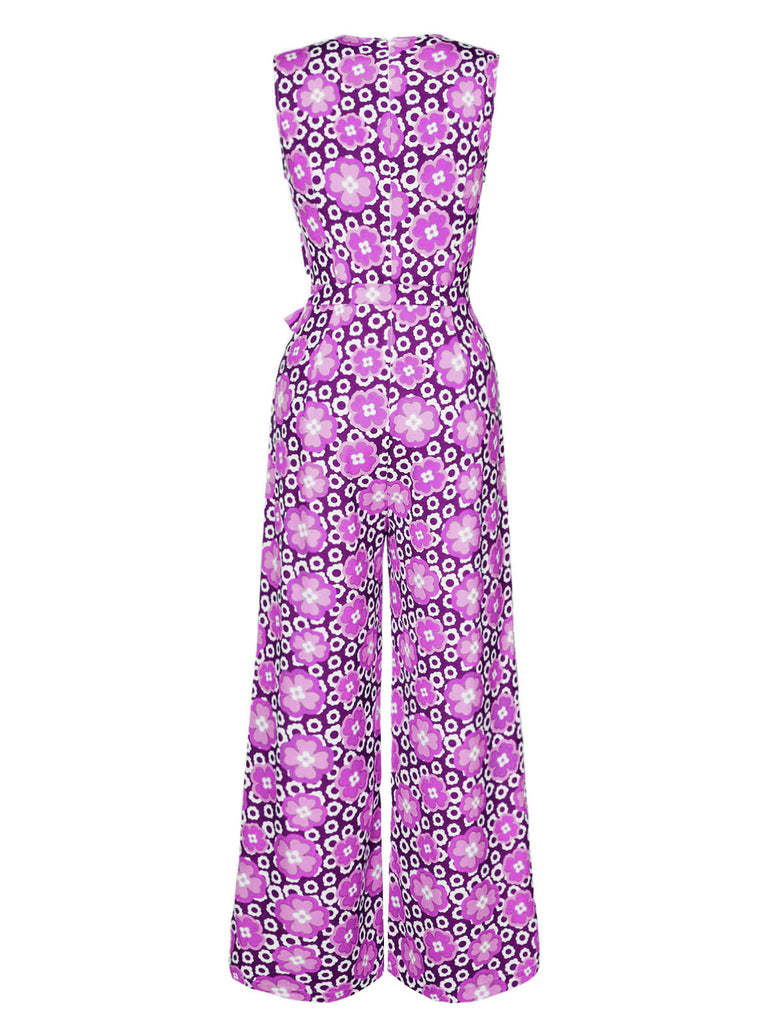 [Pre-Sale] 1970s V-Neck Floral Belted Sleeveless Jumpsuit